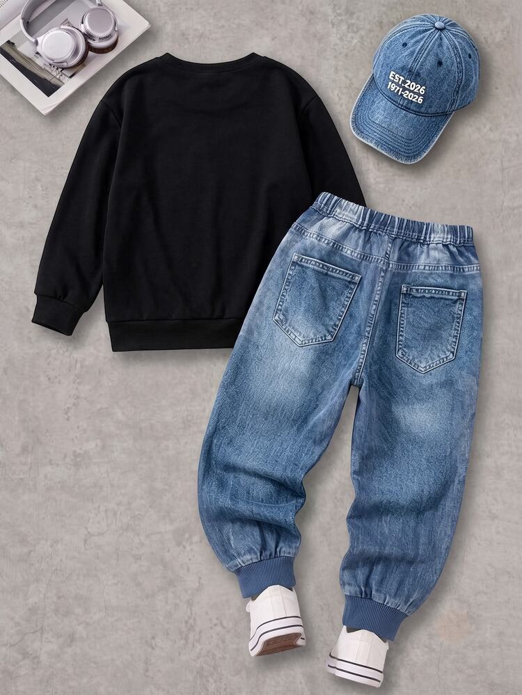 Boys (Big) Sweatshirt Set, Crew Neck, Denim Look-Texture Letter On Chest, Distressed Patches On Pants, Blue Ribbed Cuffed Pants - Multicolor - View 3