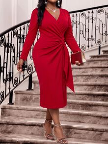 Fleurora Gaun Pesta Elegan Ukuran Plus Warna Polos Model Lilitan untuk Musim Gugur - Merah - View 5