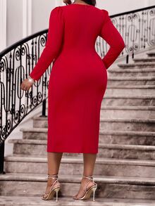 Fleurora Gaun Pesta Elegan Ukuran Plus Warna Polos Model Lilitan untuk Musim Gugur - Merah - View 2