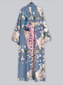 Irokai 波希米亞日式對比色花卉木蘭印花女款和服罩衫，長款寬袖繫腰中長款晨袍睡袍 - 彩色 - 查看 3