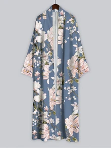 Irokai 波希米亞日式對比色花卉木蘭印花女款和服罩衫，長款寬袖繫腰中長款晨袍睡袍 - 彩色 - 查看 5