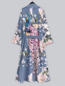 Irokai 波希米亞日式對比色花卉木蘭印花女款和服罩衫，長款寬袖繫腰中長款晨袍睡袍 - 彩色 - 查看 2