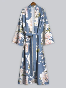 Irokai 波希米亞日式對比色花卉木蘭印花女款和服罩衫，長款寬袖繫腰中長款晨袍睡袍 - 彩色 - 查看 1