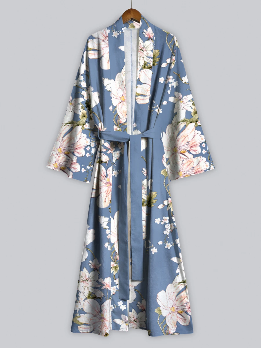 Irokai 波希米亞日式對比色花卉木蘭印花女款和服罩衫,長款寬袖繫腰中長款晨袍睡袍 - 彩色 - 查看 1