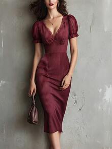 SHEIN فستان ميدي أنيق للتنقل والمواعيد للنساء بتصميم مخطط مع رقعات دانتيل وشيفون - عنابي اللون - مشاهدة 4