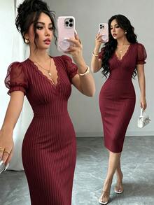 SHEIN فستان ميدي أنيق للتنقل والمواعيد للنساء بتصميم مخطط مع رقعات دانتيل وشيفون - عنابي اللون - مشاهدة 3