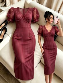 SHEIN فستان ميدي أنيق للتنقل والمواعيد للنساء بتصميم مخطط مع رقعات دانتيل وشيفون - عنابي اللون - مشاهدة 1