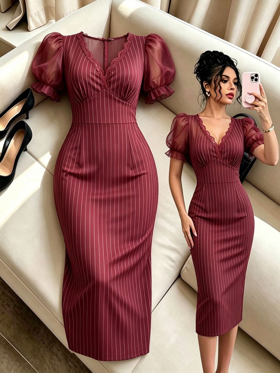 SHEIN فستان ميدي أنيق للتنقل والمواعيد للنساء بتصميم مخطط مع رقعات دانتيل وشيفون - عنابي اللون - مشاهدة 1