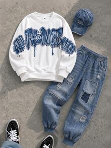 Tween Boy Sweatshirt Set, Basic Pure White Loose Crew Neck Fit, White Ribbed Cuffs And Hem; Large Blue Graffiti Letter Print Across Chest, Distressed Design With Frayed Edges, Ripped Holes And Patchwork On Pants, Blue Ribbed Cuffed Hems, Vibe - Multicolor - View 3