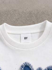 Tween Boy Sweatshirt Set, Basic Pure White Loose Crew Neck Fit, White Ribbed Cuffs And Hem; Large Blue Graffiti Letter Print Across Chest, Distressed Design With Frayed Edges, Ripped Holes And Patchwork On Pants, Blue Ribbed Cuffed Hems, Vibe - Multicolor - View 4