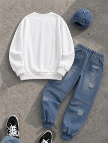 Tween Boy Sweatshirt Set, Basic Pure White Loose Crew Neck Fit, White Ribbed Cuffs And Hem; Large Blue Graffiti Letter Print Across Chest, Distressed Design With Frayed Edges, Ripped Holes And Patchwork On Pants, Blue Ribbed Cuffed Hems, Vibe - Multicolor - View 2