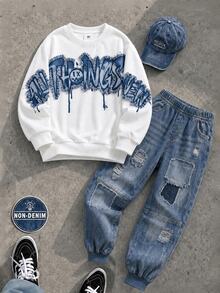 Tween Boy Sweatshirt Set, Basic Pure White Loose Crew Neck Fit, White Ribbed Cuffs And Hem; Large Blue Graffiti Letter Print Across Chest, Distressed Design With Frayed Edges, Ripped Holes And Patchwork On Pants, Blue Ribbed Cuffed Hems, Vibe - Multicolor - View 1