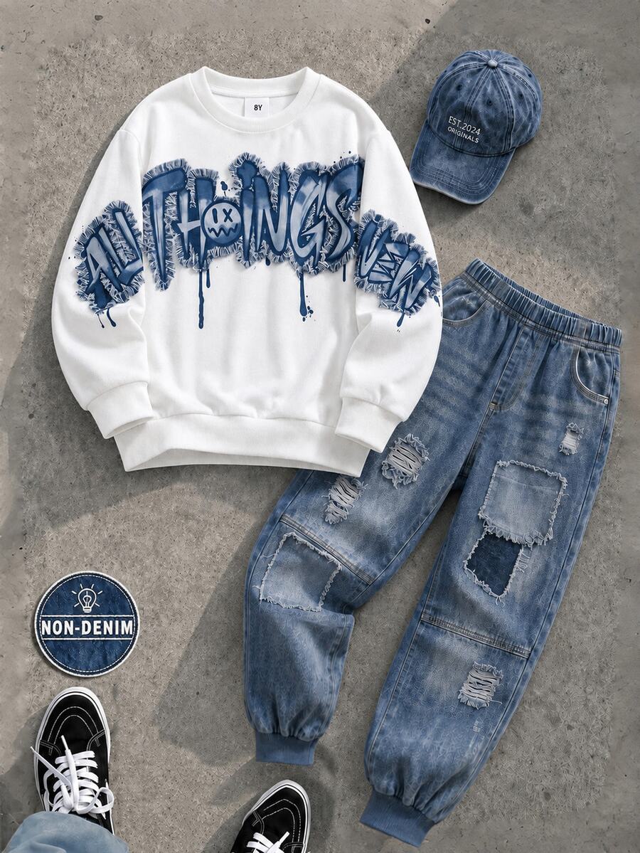 Tween Boy Sweatshirt Set, Basic Pure White Loose Crew Neck Fit, White Ribbed Cuffs And Hem; Large Blue Graffiti Letter Print Across Chest, Distressed Design With Frayed Edges, Ripped Holes And Patchwork On Pants, Blue Ribbed Cuffed Hems, Vibe - Multicolor - View 1