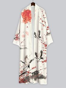 Irokai Ink Wash Mountain Cloud Red Plum Crane Print Wide Sleeve Kimono Jacket, Open Front Tie Waist Robe, Japanese Yukata Vacation Cream White - Multicolor - View 4