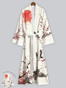 Irokai Ink Wash Mountain Cloud Red Plum Crane Print Wide Sleeve Kimono Jacket, Open Front Tie Waist Robe, Japanese Yukata Vacation Cream White - Multicolor - View 1