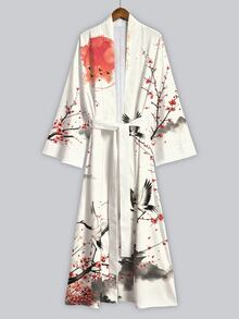 Irokai Ink Wash Mountain Cloud Red Plum Crane Print Wide Sleeve Kimono Jacket, Open Front Tie Waist Robe, Japanese Yukata Vacation Cream White - Multicolor - View 5