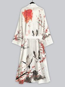 Irokai Ink Wash Mountain Cloud Red Plum Crane Print Wide Sleeve Kimono Jacket, Open Front Tie Waist Robe, Japanese Yukata Vacation Cream White - Multicolor - View 2