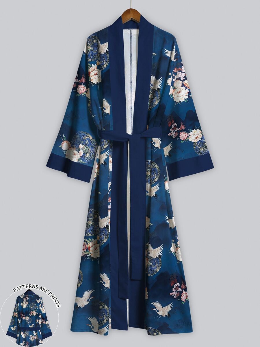 Irokai 鶴牡丹山花印花寬袖和服罩衫,前開襟綁腰浴袍,日式浴衣度假旅行海軍藍 - 彩色 - 查看 1
