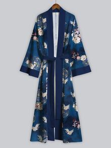Irokai 鶴牡丹山花印花寬袖和服罩衫，前開襟綁腰浴袍，日式浴衣度假旅行海軍藍 - 彩色 - 查看 4