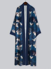 Irokai 鶴牡丹山花印花寬袖和服罩衫，前開襟綁腰浴袍，日式浴衣度假旅行海軍藍 - 彩色 - 查看 3