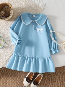 Girls' Ruffled Peter Pan Collar Long Sleeve Patchwork Ruffle Print Bow Pattern Korean Style A-Line Casual Minimalist Dress,Back To School Clothes Girl - Baby Blue - View 3