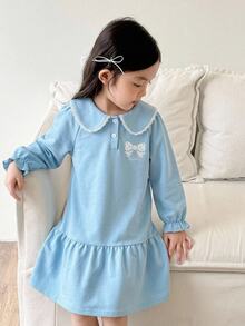 Girls' Ruffled Peter Pan Collar Long Sleeve Patchwork Ruffle Print Bow Pattern Korean Style A-Line Casual Minimalist Dress,Back To School Clothes Girl - Baby Blue - View 8