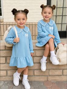Girls' Ruffled Peter Pan Collar Long Sleeve Patchwork Ruffle Print Bow Pattern Korean Style A-Line Casual Minimalist Dress,Back To School Clothes Girl - Baby Blue - View 1