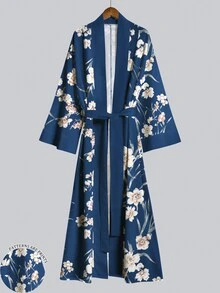 Irokai 優雅奶油色花卉枝葉印花寬袖和服罩衫，繫腰浴袍，日式浴衣度假旅行海軍藍 - 彩色 - 查看 1