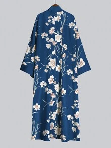 Irokai 優雅奶油色花卉枝葉印花寬袖和服罩衫，繫腰浴袍，日式浴衣度假旅行海軍藍 - 彩色 - 查看 4