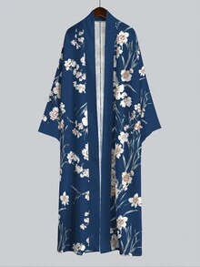 Irokai 優雅奶油色花卉枝葉印花寬袖和服罩衫，繫腰浴袍，日式浴衣度假旅行海軍藍 - 彩色 - 查看 5