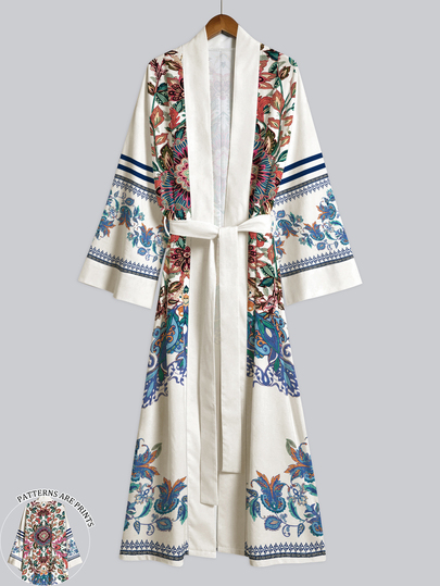 Irokai Symmetrische exotische bloemenprint dames kimono jas, zomerse open voorkant wijde mouwen strik taille cover up robe, bohemian traditionele culturele witte