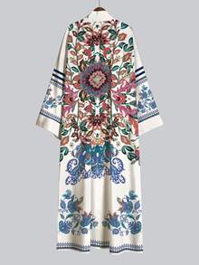 Irokai 對稱異國花卉印花寬袖和服外套，前開襟綁腰罩衫，波希米亞傳統風格度假白色 - 彩色 - 查看 5