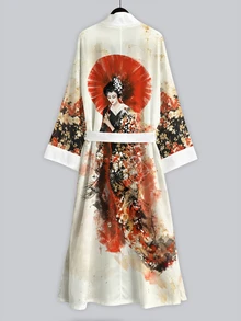 Irokai 奶油白復古浮世繪墨紅傘藝伎印花女款和服罩衫，春秋時尚寬袖繫腰長袍，日式和服浴衣睡衣，女款秋季度假休閒旅行拍照穿搭 - 彩色 - 查看 2