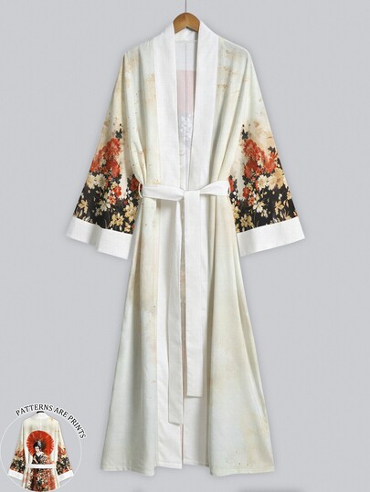 Irokai Vintage Ukiyo-E Ink Red Umbrella Geisha Print Wide Sleeve Kimono Cover Up, Tie Waist Robe, Japanese Yukata Vacation Travel Cream White