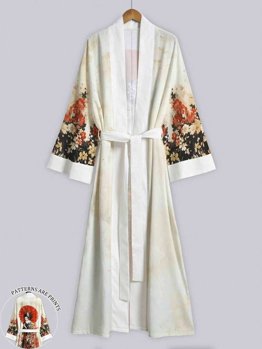 Irokai 奶油白復古浮世繪墨紅傘藝伎印花女款和服罩衫,春秋時尚寬袖繫腰長袍,日式和服浴衣睡衣,女款秋季度假休閒旅行拍照穿搭 - 彩色 - 查看 1