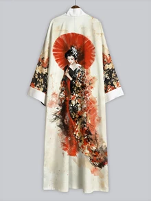 Irokai 奶油白復古浮世繪墨紅傘藝伎印花女款和服罩衫，春秋時尚寬袖繫腰長袍，日式和服浴衣睡衣，女款秋季度假休閒旅行拍照穿搭 - 彩色 - 查看 5