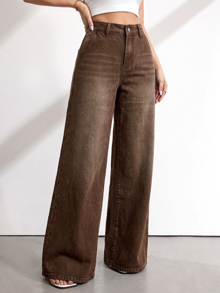 SHEIN Tall Celana Jeans Denim Longgar dengan Kancing dan Kantong untuk Wanita, Cocok untuk Kantor, Sehari-hari, Warna Cokelat Kopi, Kasual Musim Gugur, Streetwear Gaya 70-an, dan Perayaan Thanksgiving. - Medium Wash - View 7