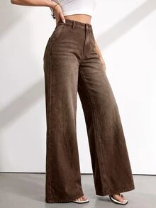 SHEIN Tall 女款時尚鈕扣口袋寬鬆牛仔褲 咖啡棕色 適合辦公室日常白天穿著 秋季休閒街頭風 70年代穿搭 感恩節 - 中等水洗藍 - 查看 5