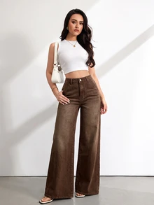 SHEIN Tall 女款時尚鈕扣口袋寬鬆牛仔褲 咖啡棕色 適合辦公室日常白天穿著 秋季休閒街頭風 70年代穿搭 感恩節 - 中等水洗藍 - 查看 9