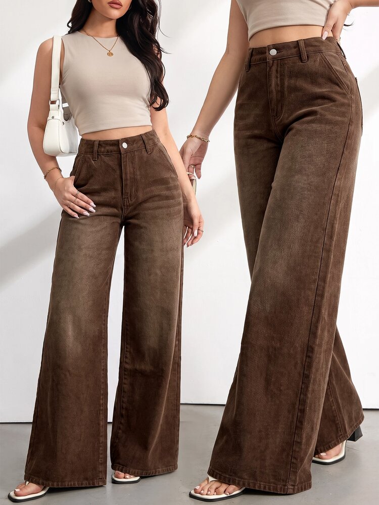 SHEIN Tall Celana Jeans Denim Longgar dengan Kancing dan Kantong untuk Wanita, Cocok untuk Kantor, Sehari-hari, Warna Cokelat Kopi, Kasual Musim Gugur, Streetwear Gaya 70-an, dan Perayaan Thanksgiving. - Medium Wash - View 1
