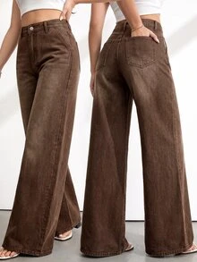 SHEIN Tall 女款時尚鈕扣口袋寬鬆牛仔褲 咖啡棕色 適合辦公室日常白天穿著 秋季休閒街頭風 70年代穿搭 感恩節 - 中等水洗藍 - 查看 6