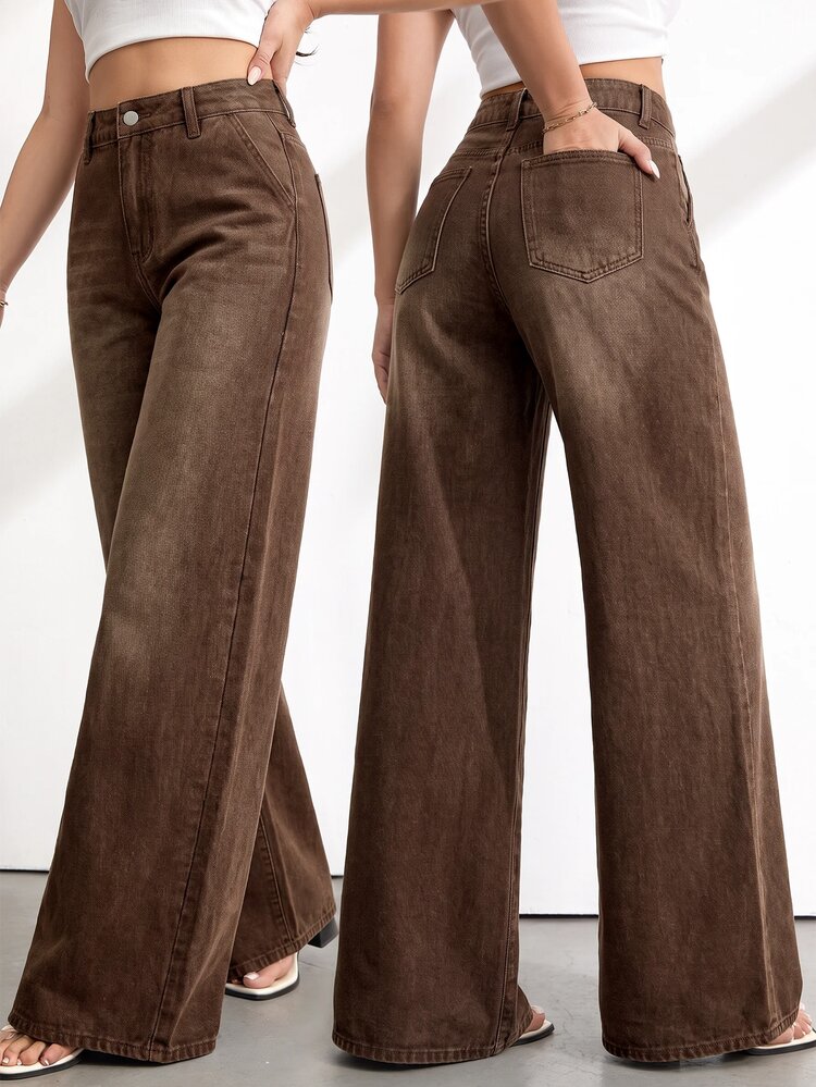 SHEIN Tall Celana Jeans Denim Longgar dengan Kancing dan Kantong untuk Wanita, Cocok untuk Kantor, Sehari-hari, Warna Cokelat Kopi, Kasual Musim Gugur, Streetwear Gaya 70-an, dan Perayaan Thanksgiving. - Medium Wash - View 5