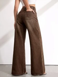 SHEIN Tall 女款時尚鈕扣口袋寬鬆牛仔褲 咖啡棕色 適合辦公室日常白天穿著 秋季休閒街頭風 70年代穿搭 感恩節 - 中等水洗藍 - 查看 3