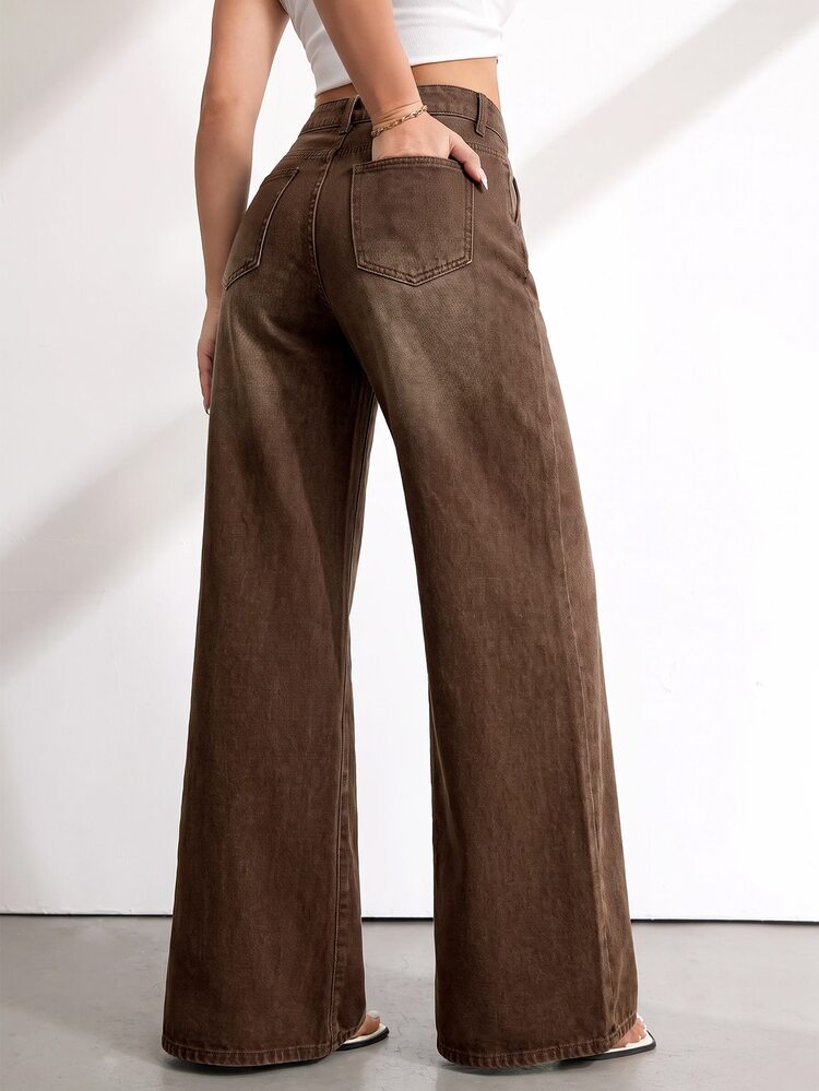 SHEIN Tall Celana Jeans Denim Longgar dengan Kancing dan Kantong untuk Wanita, Cocok untuk Kantor, Sehari-hari, Warna Cokelat Kopi, Kasual Musim Gugur, Streetwear Gaya 70-an, dan Perayaan Thanksgiving. - Medium Wash - View 2