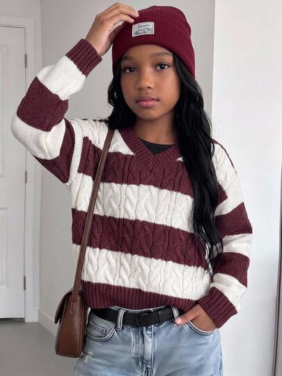 SHEIN Tween Girl Casual Street Style Back To School Striped Cable Knit V-Neck Pullover Sweater Burgundy White Fall/Winter