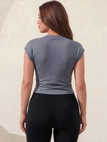 Easithlete Women's Solid Color Crew Neck Daily Fitness Sports T-Shirt - Dark Grey - View 2