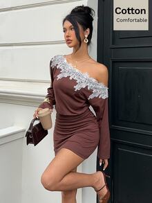 Siren Gaze Gaun Bodycon Patchwork Renda Cokelat Baru untuk Wanita - Coklat - View 3