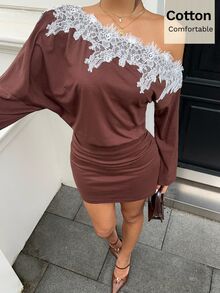 Siren Gaze Gaun Bodycon Patchwork Renda Cokelat Baru untuk Wanita - Coklat - View 6