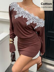 Siren Gaze Gaun Bodycon Patchwork Renda Cokelat Baru untuk Wanita - Coklat - View 8