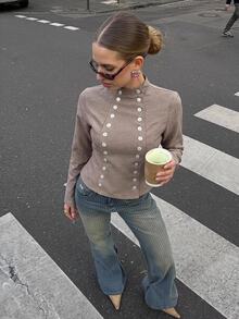 Siren Gaze Autumn/Winter New Vintage Double-Breasted Shirt For Women - Khaki - View 7